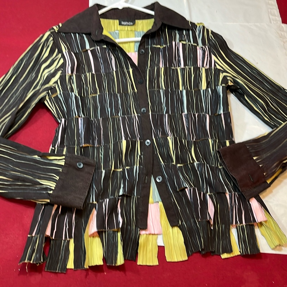 Fantazia colorful shirt JACKET sueded brown pink blue weaved straps ART women S